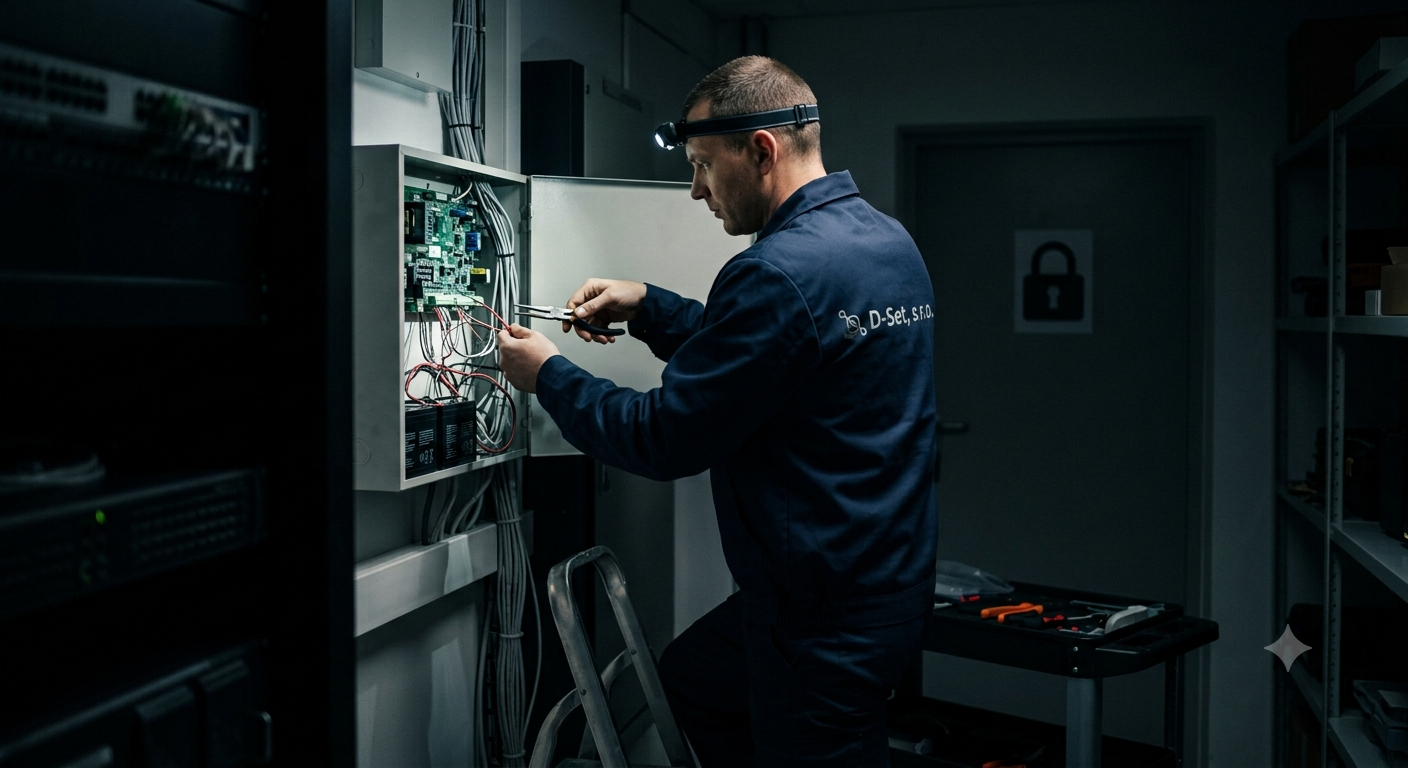 Engineer. Technik v modrom pracovnom odeve s čelovou lampou pripája káble v rozvodnej skrini v serverovni.