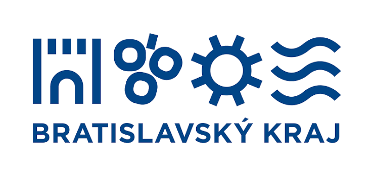 Modré logo s nápisom Bratislavský kraj, ikonami percent, slnka a vlniek na bielom pozadí.
