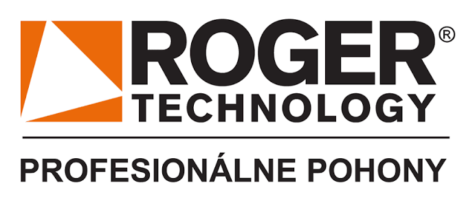 Logo ROGER TECHNOLOGY s oranžovým symbolom a textom „PROFESIONÁLNE POHONY“ na bielom pozadí.