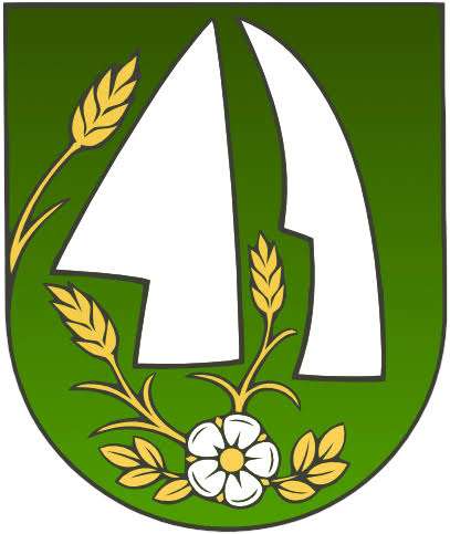 Zelený štít s bielym písmenom A, zlatými ratolesťami a kvetom v strede.