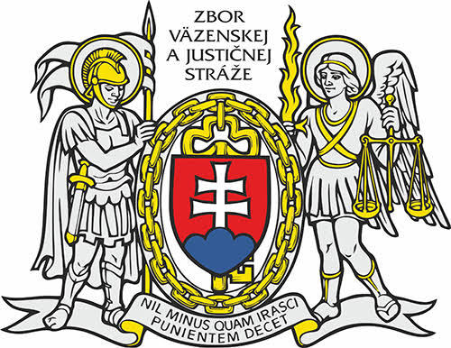 Erb Slovenska obklopený dvoma anjelmi, zlaté reťaze a nápis Zbor väzenskej a justičnej stráže.