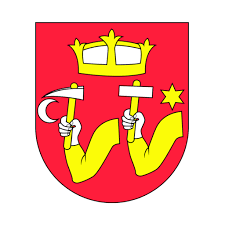 Červený erb s korunou, dvoma zlatými mečmi a hviezdami na bielom pozadí.