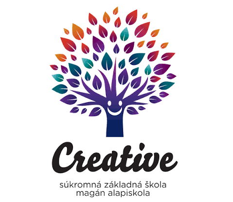 Farebný strom z listov a nápis Creative, pod ním text Súkromná základná škola.